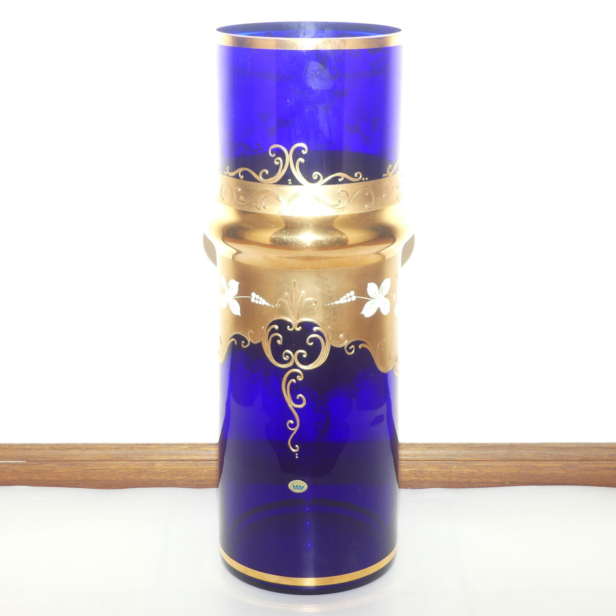 Bohemia Crystal Slavia Glassworks Rich Blue and Gilt, Floral enamelled vase | 60cm