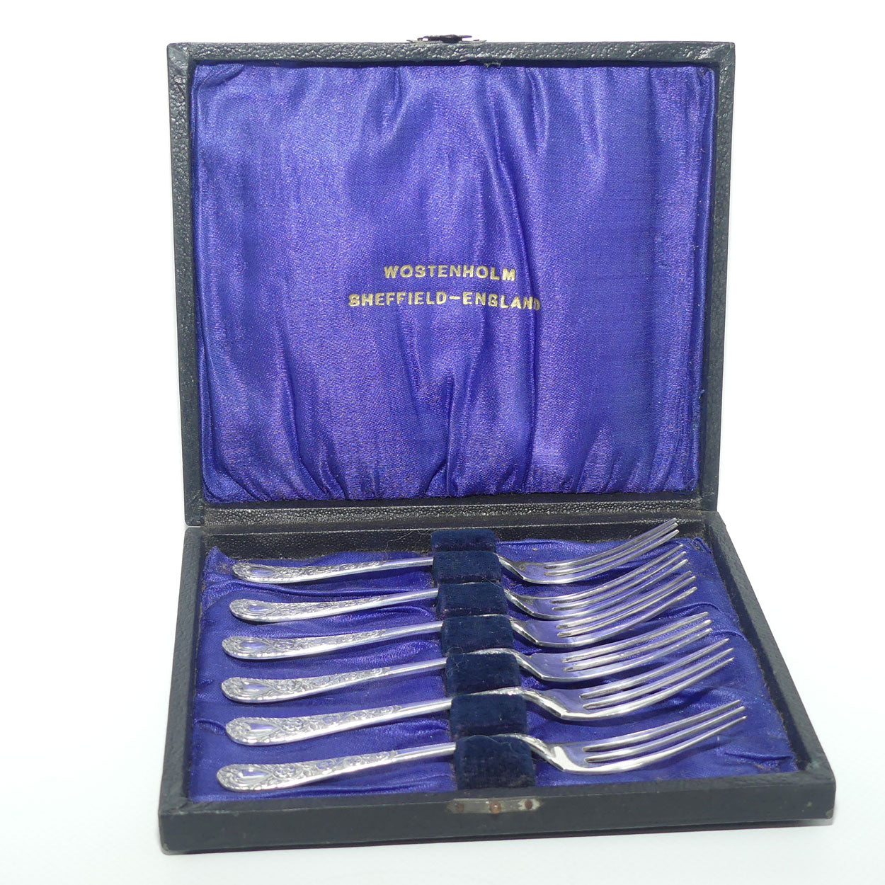 Set of 6 EPNS A1 cake forks | Embossed handles | boxed