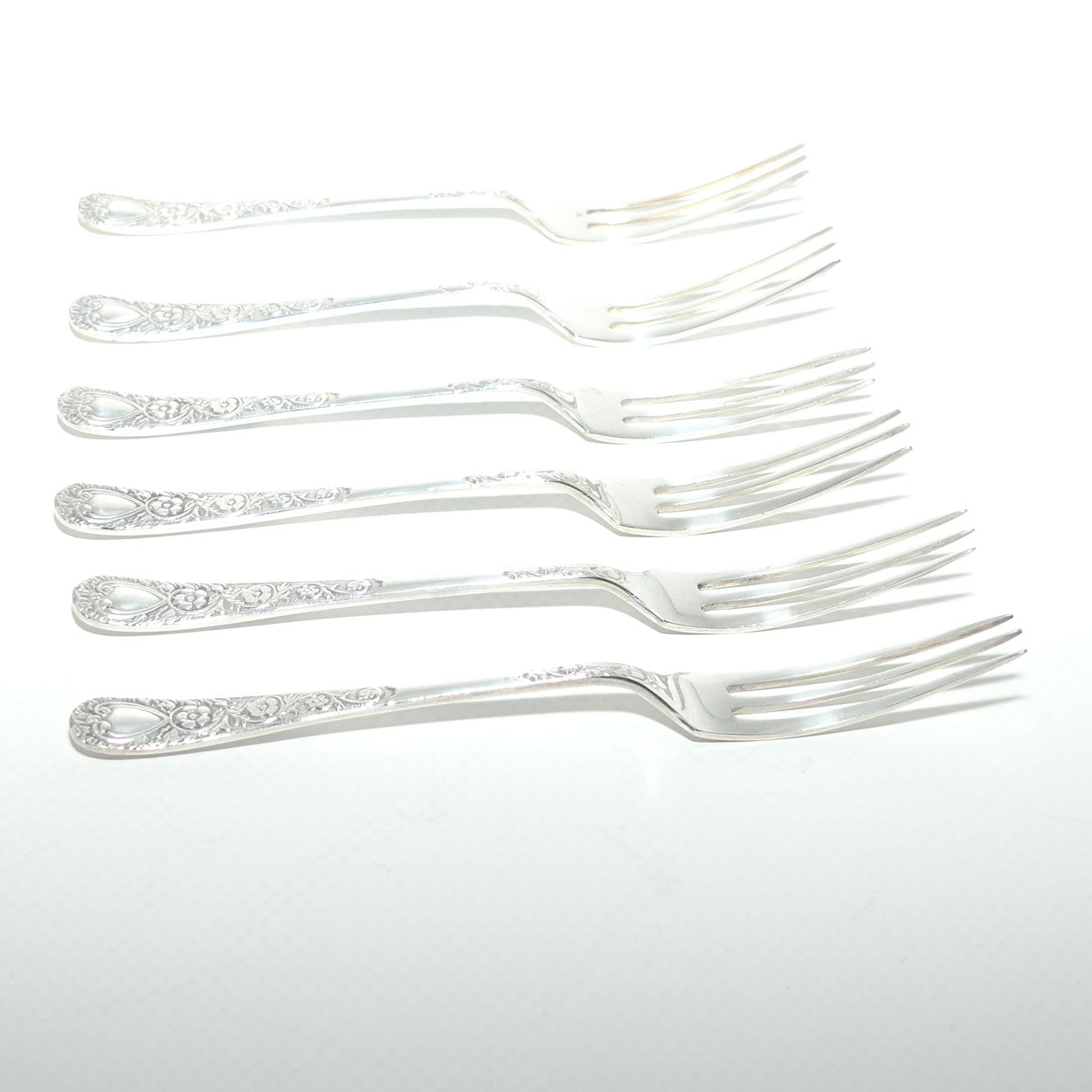 Set of 6 EPNS A1 cake forks | Embossed handles | boxed