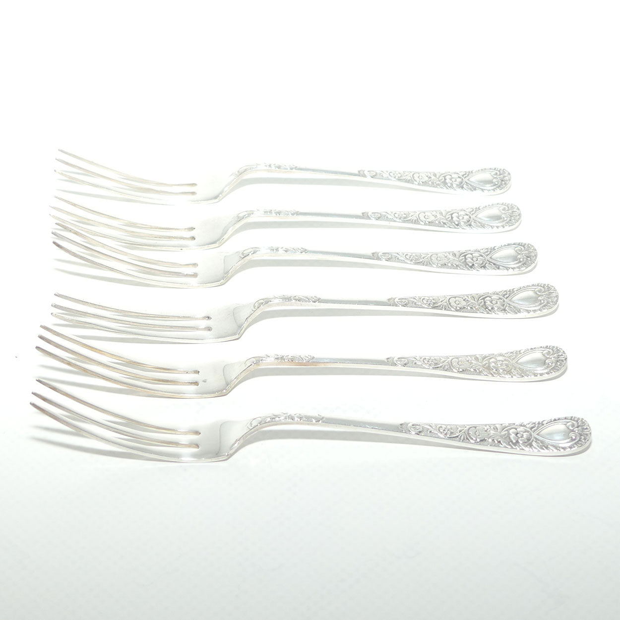 Set of 6 EPNS A1 cake forks | Embossed handles | boxed