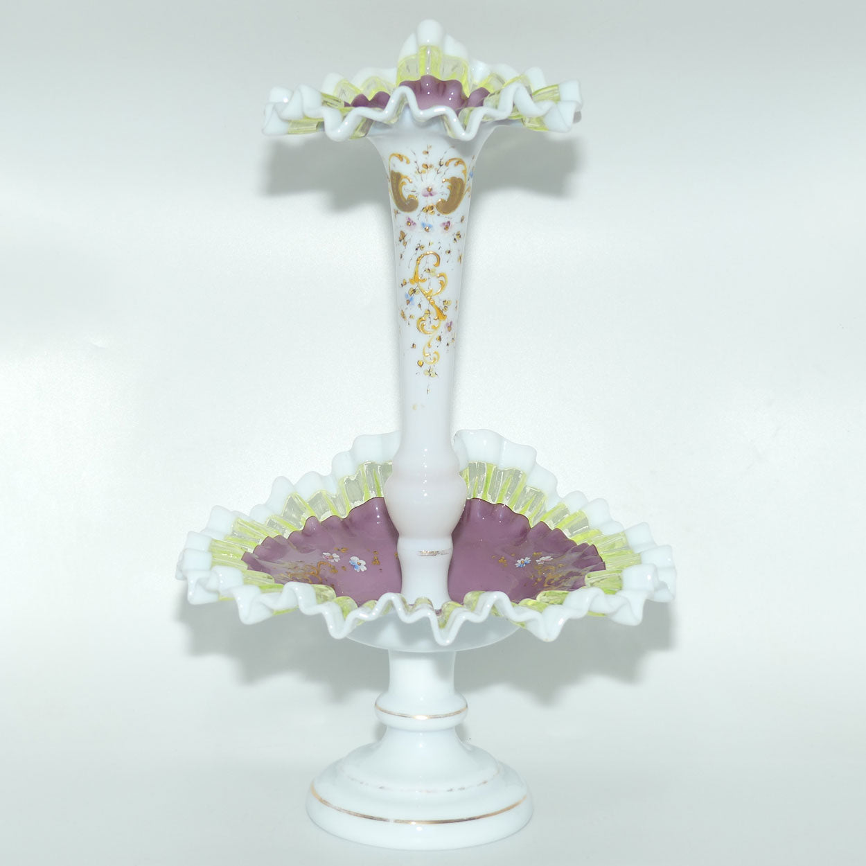 Victorian era Milk and Mulberry Glass, Hand enamelled single trumpet epergne with Uranium Glass trim