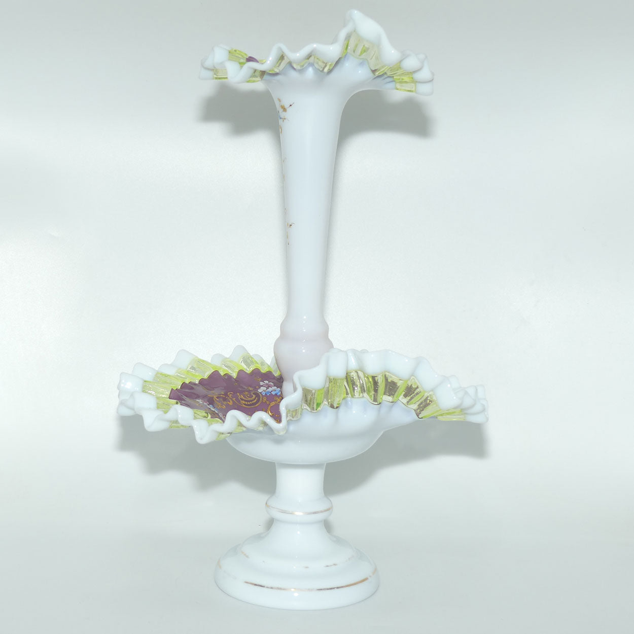 Victorian era Milk and Mulberry Glass, Hand enamelled single trumpet epergne with Uranium Glass trim