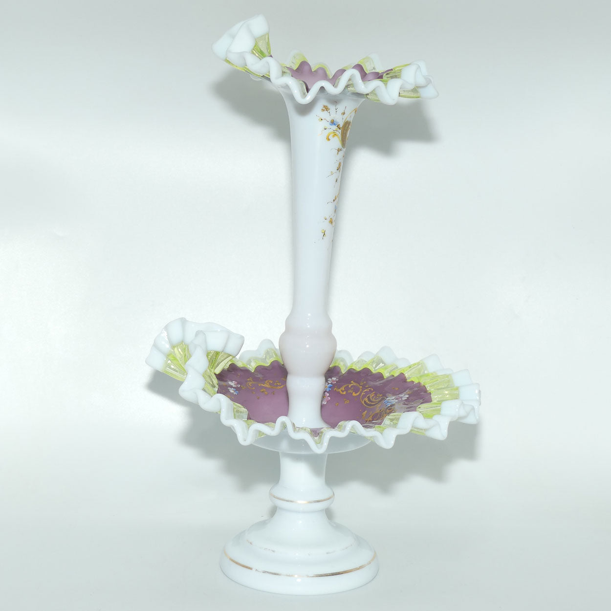Victorian era Milk and Mulberry Glass, Hand enamelled single trumpet epergne with Uranium Glass trim