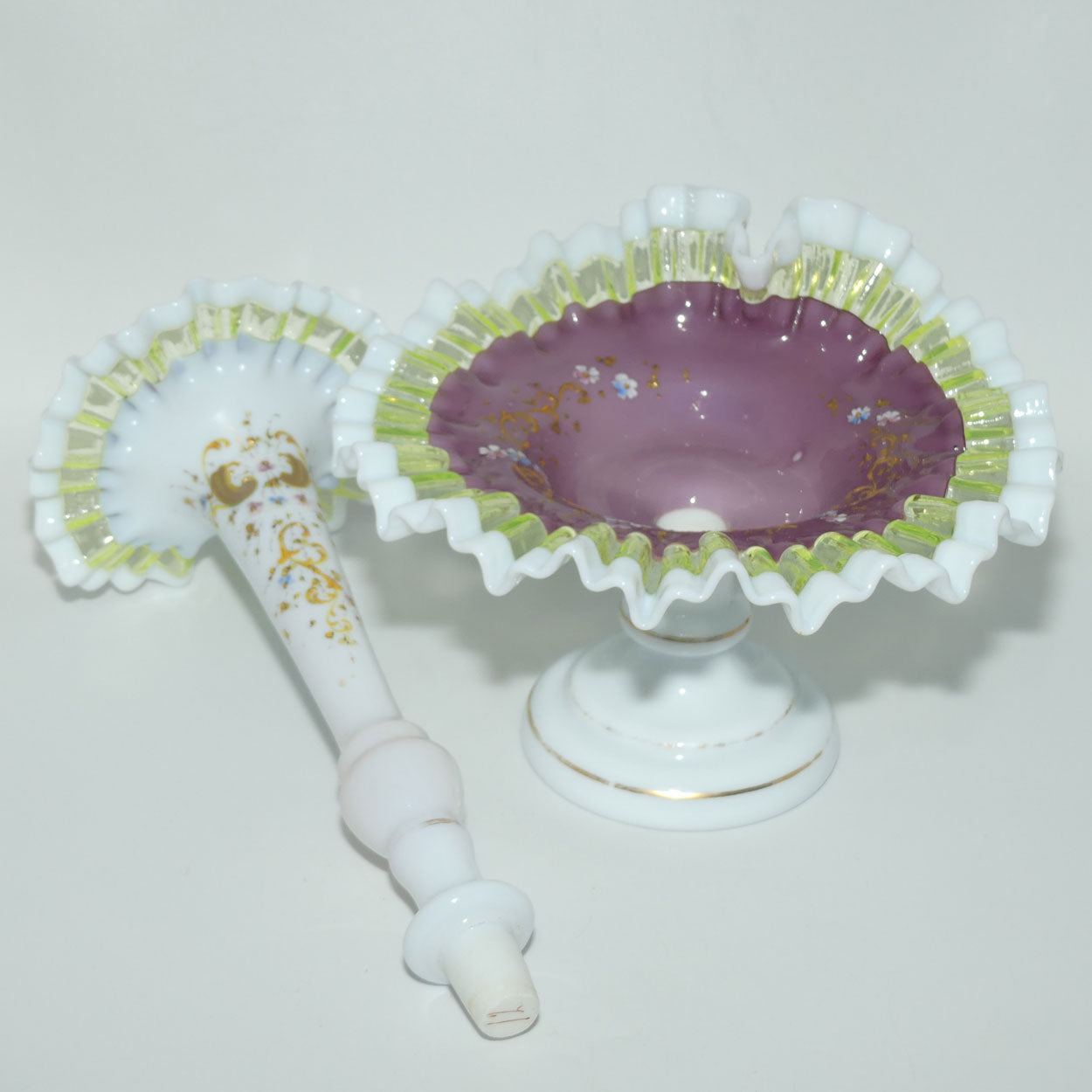 Victorian era Milk and Mulberry Glass, Hand enamelled single trumpet epergne with Uranium Glass trim
