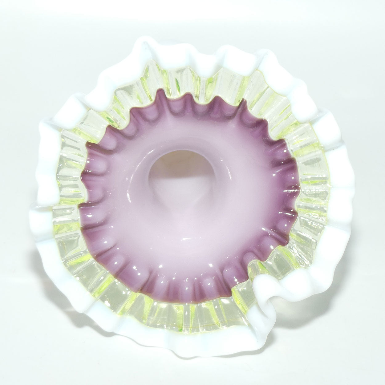 Victorian era Milk and Mulberry Glass, Hand enamelled single trumpet epergne with Uranium Glass trim