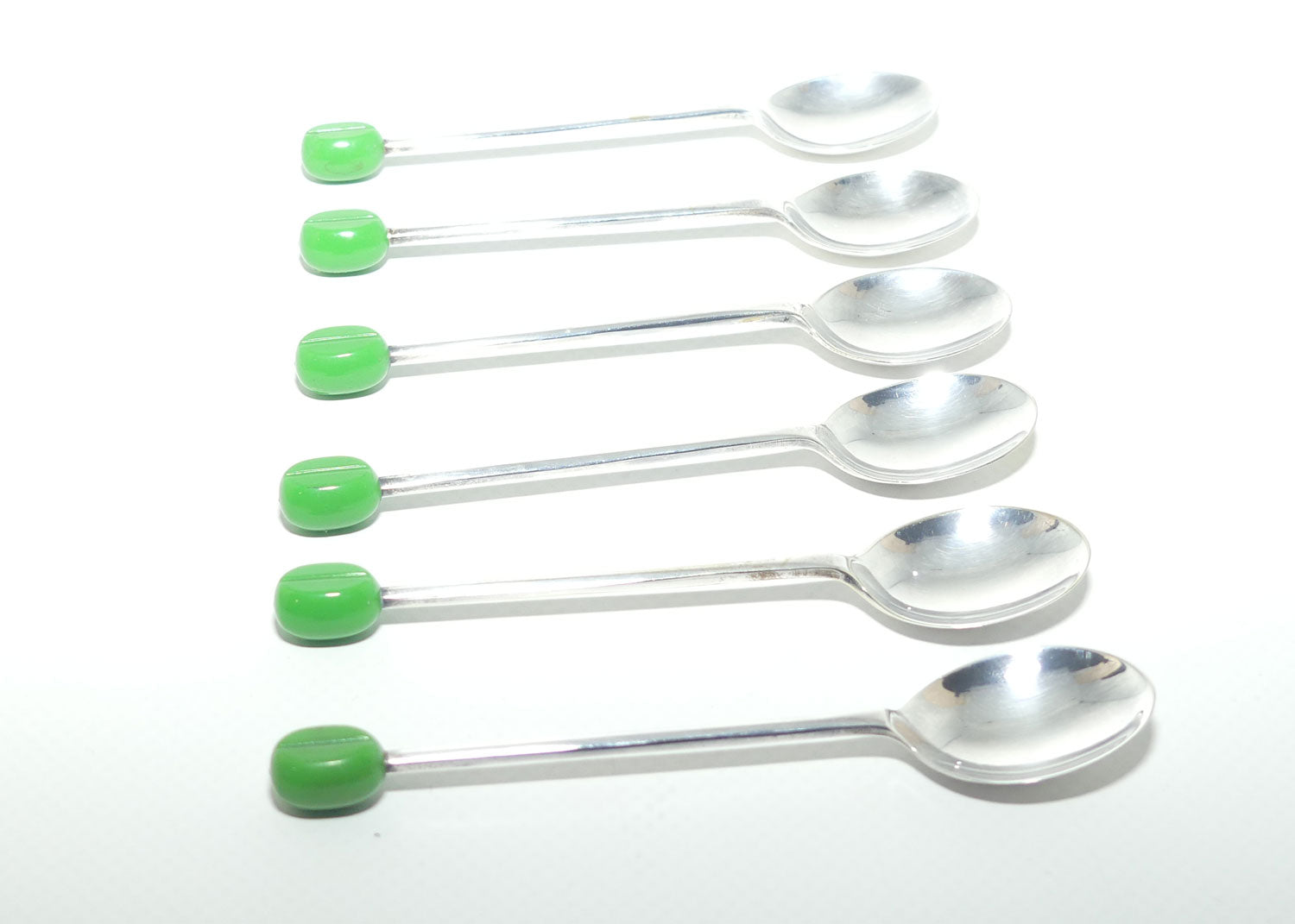 Set of 6 EPNS A1 Art Deco tea or coffee spoons | Green Coffee bean handles | boxed