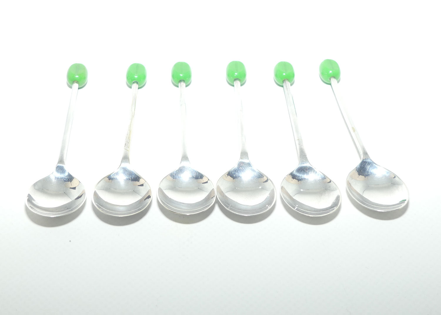 Set of 6 EPNS A1 Art Deco tea or coffee spoons | Green Coffee bean handles | boxed