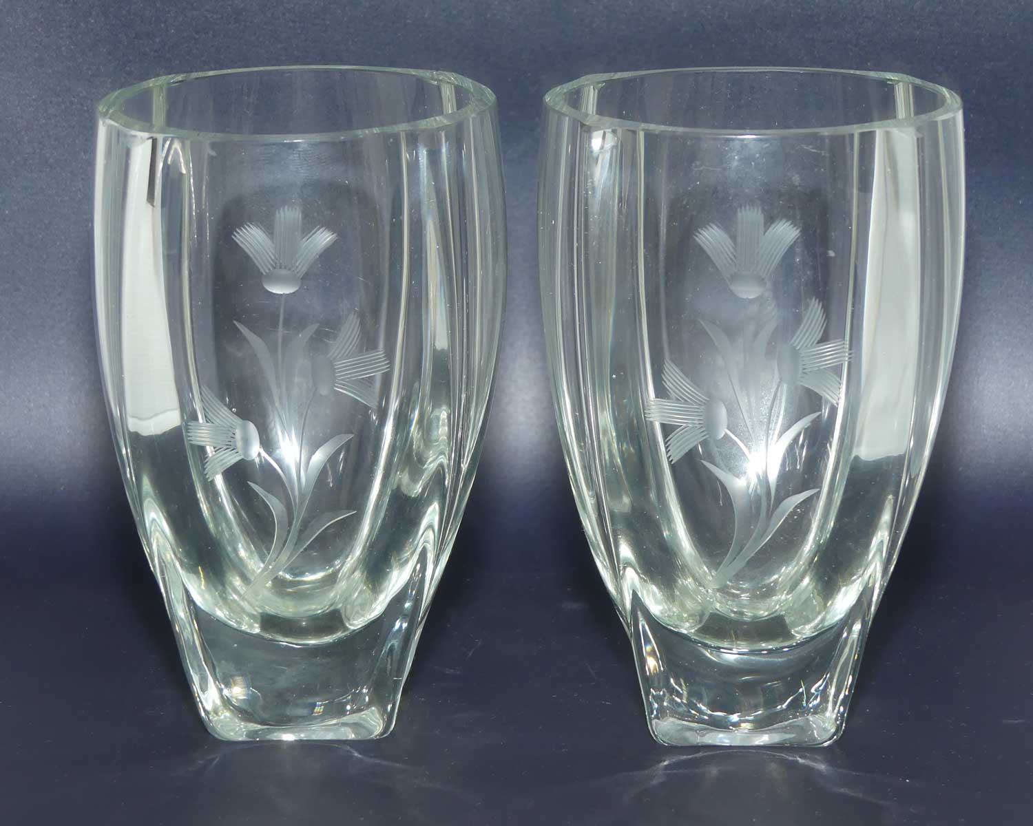 Pair of European Mid Century Modern etched floral pattern posy vases | Unusual shape