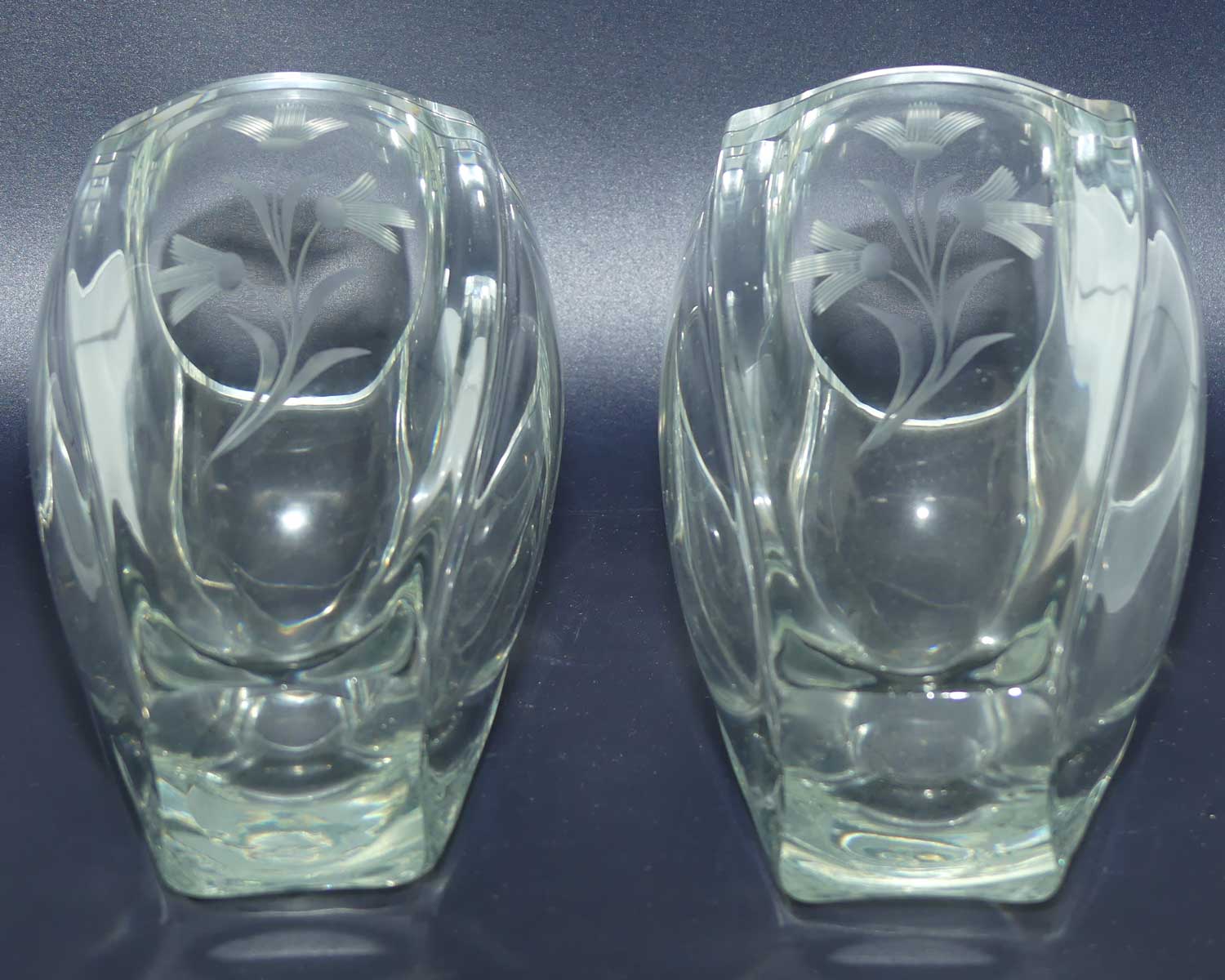 Pair of European Mid Century Modern etched floral pattern posy vases | Unusual shape