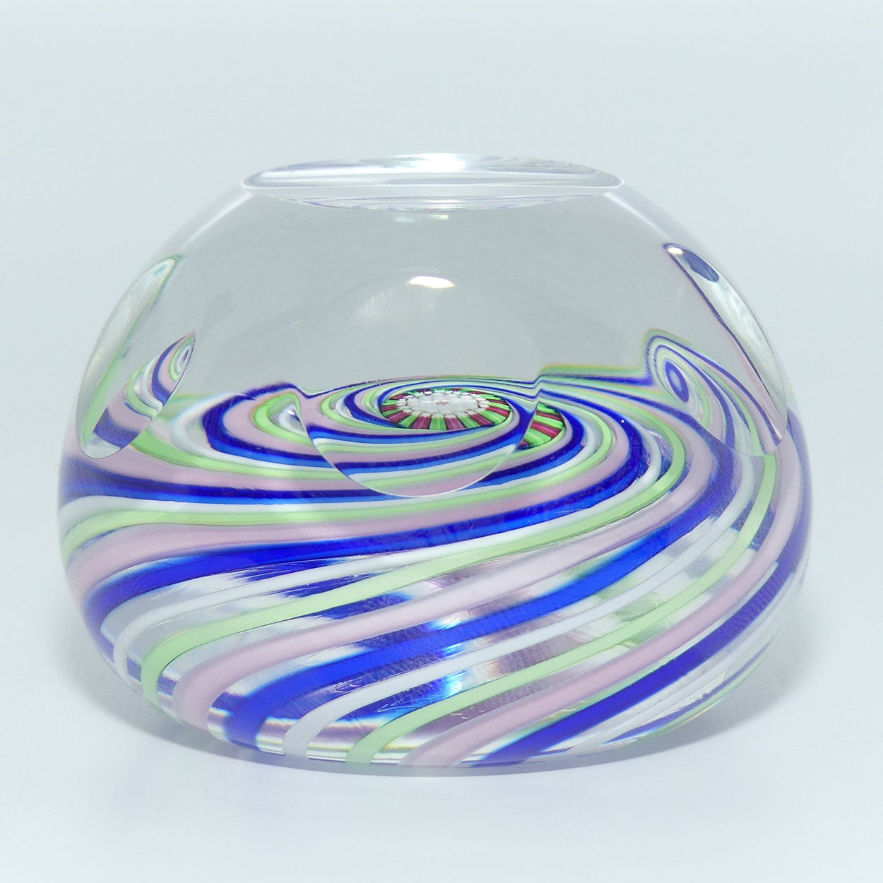 John Deacons Scotland 4 colour Swirl paperweight | Facetted | Blue Pink Lime White