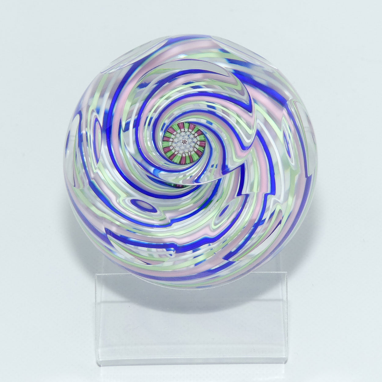 John Deacons Scotland 4 colour Swirl paperweight | Facetted | Blue Pink Lime White