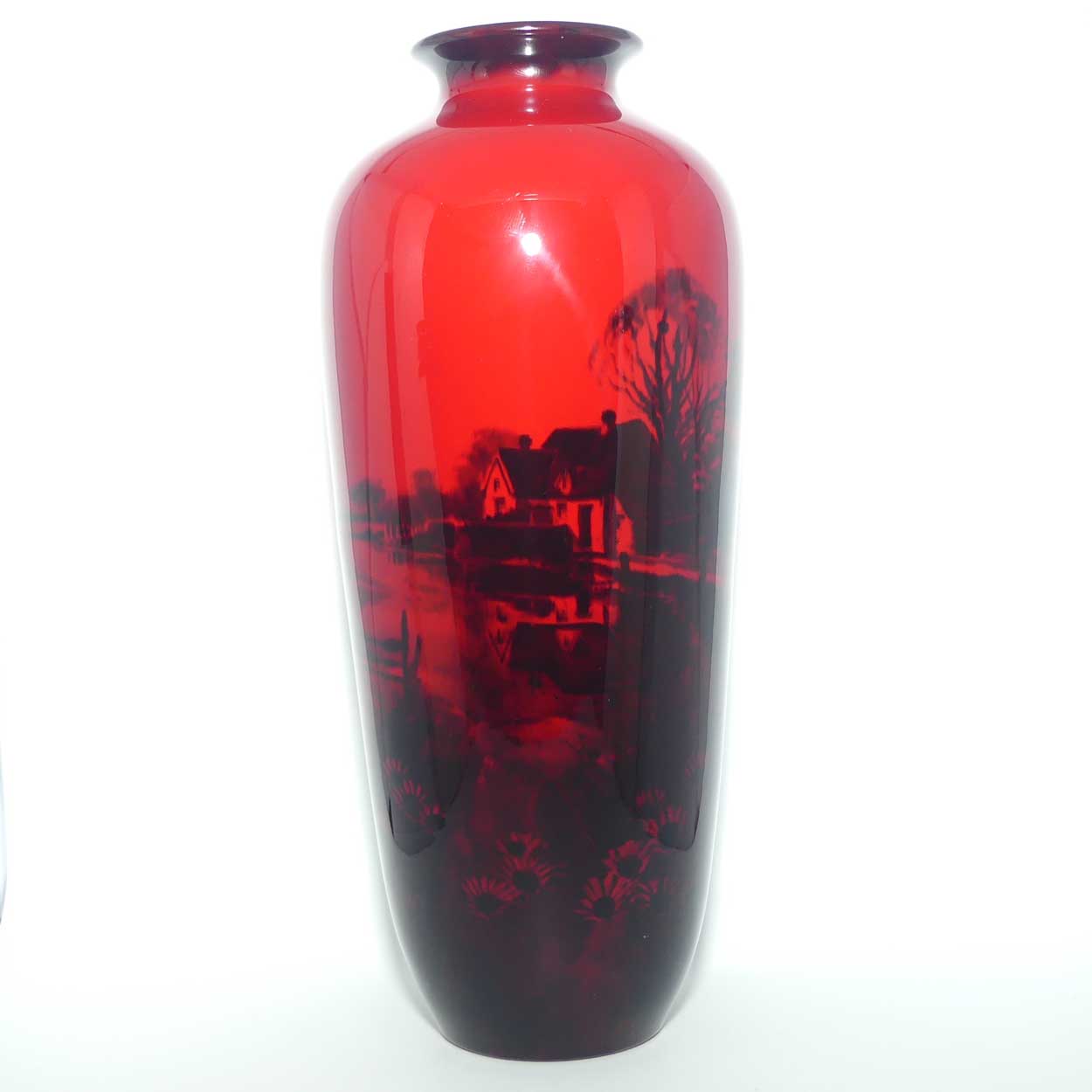 Royal Doulton Flambe vase | Thatched Cottage Farmhouse and Daisies | signed FM Moore