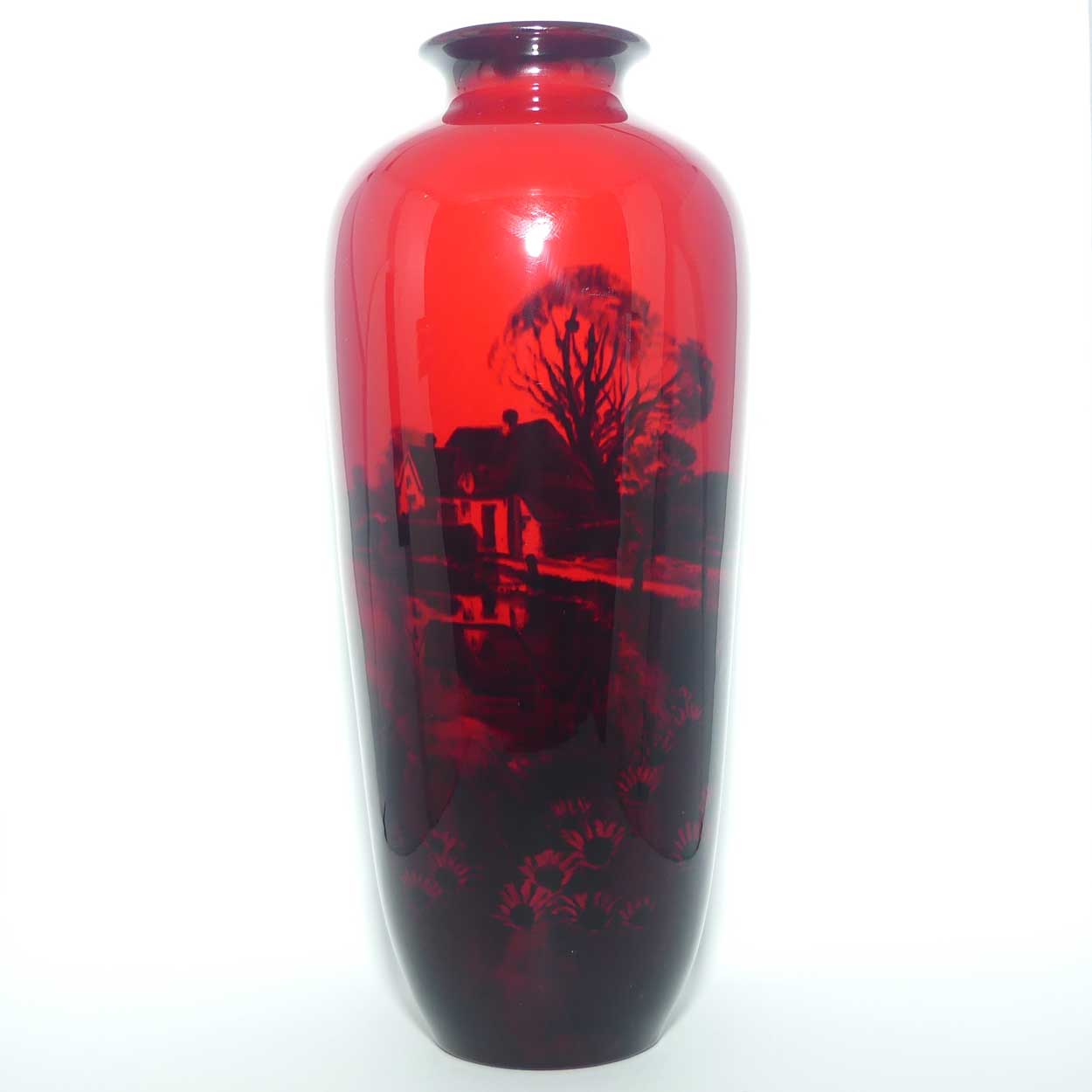 Royal Doulton Flambe vase | Thatched Cottage Farmhouse and Daisies | signed FM Moore