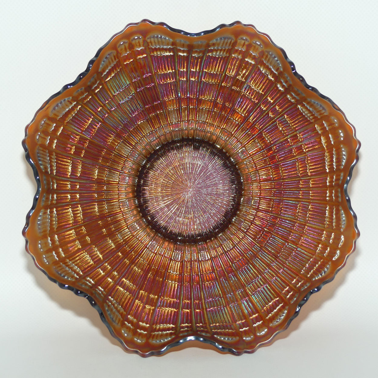 Fenton Amethyst Carnival Glass fluted edge bowl | PLAID pattern