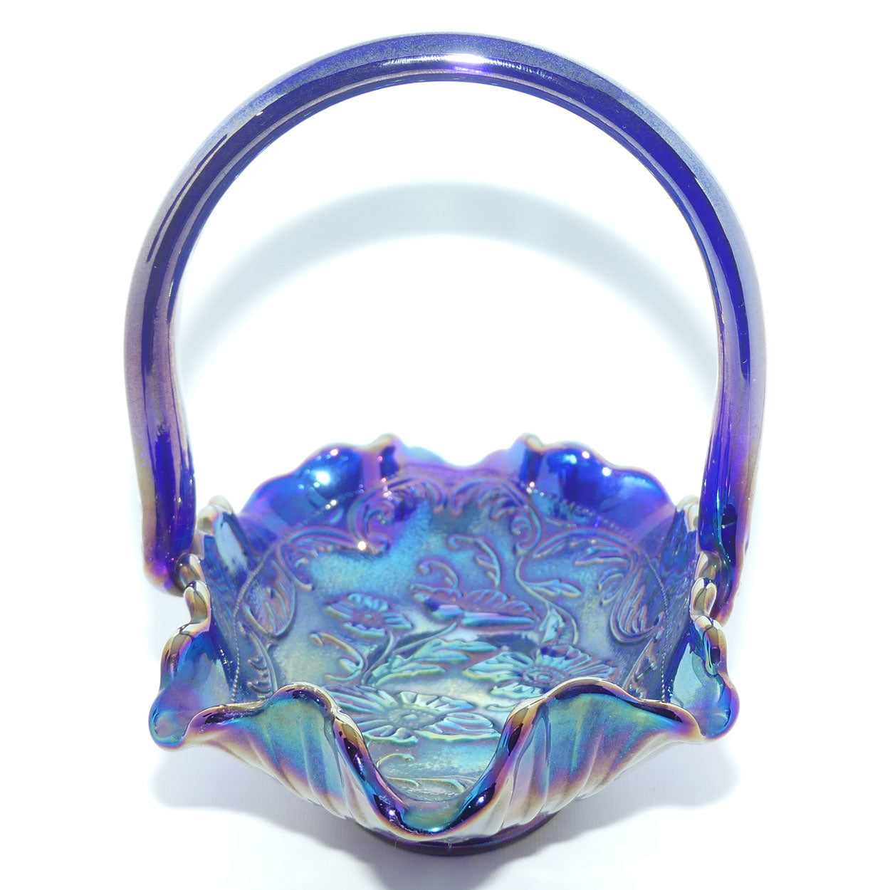 Fenton 1970 vintage Electric Blue Carnival Glass basket | Floral decorated interior
