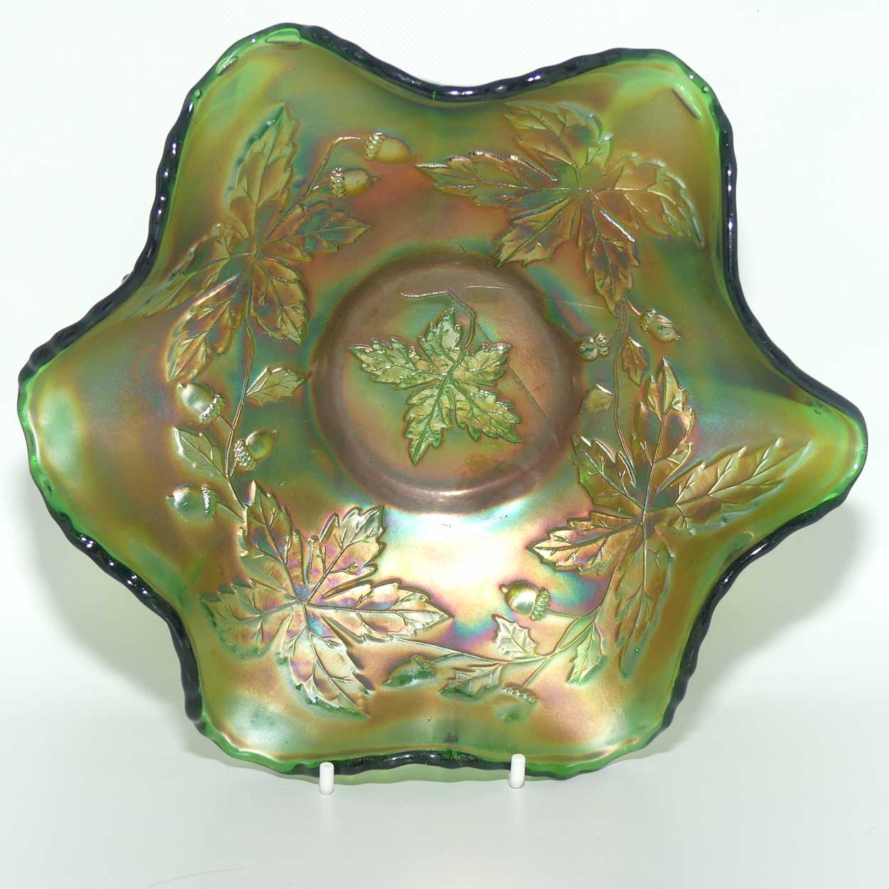 Fenton Green Carnival Glass Acorn and Maple Leaf bowl