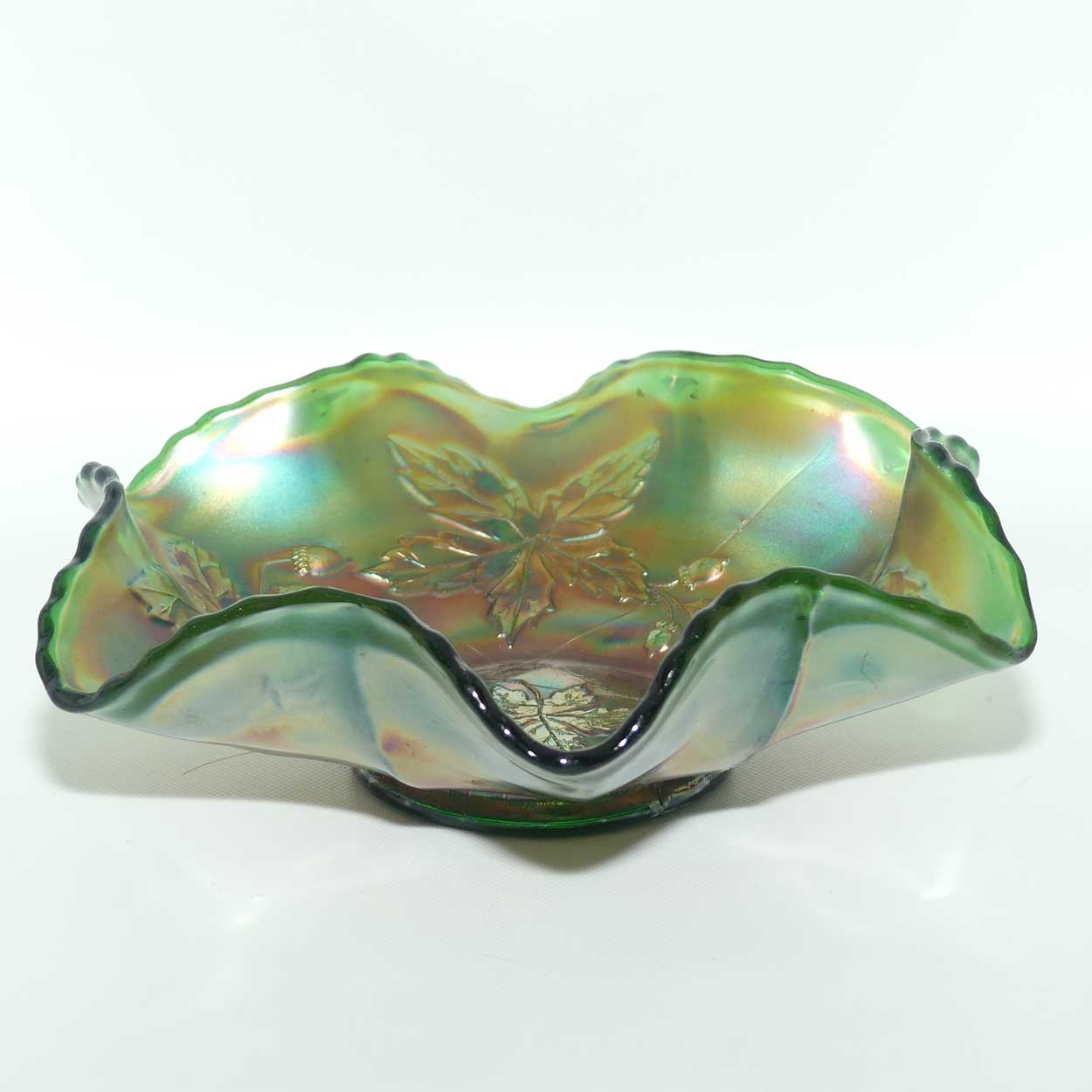 Fenton Green Carnival Glass Acorn and Maple Leaf bowl