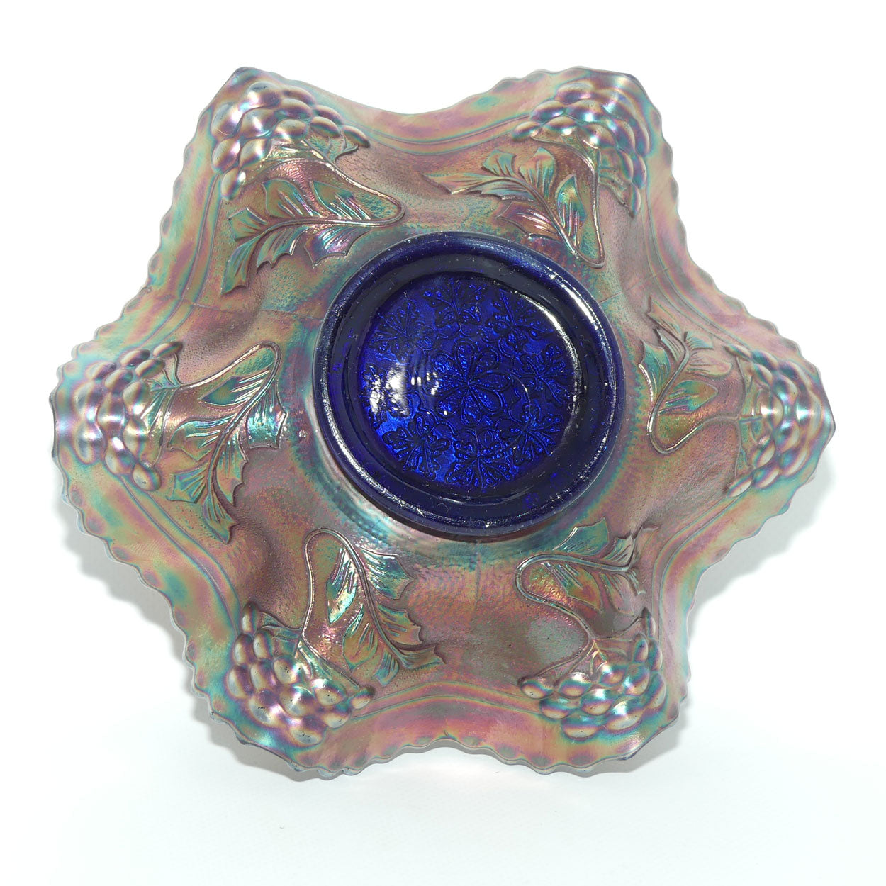 Fenton Carnival Glass bowl | Leaf Chain pattern | Amethyst on Blue colour