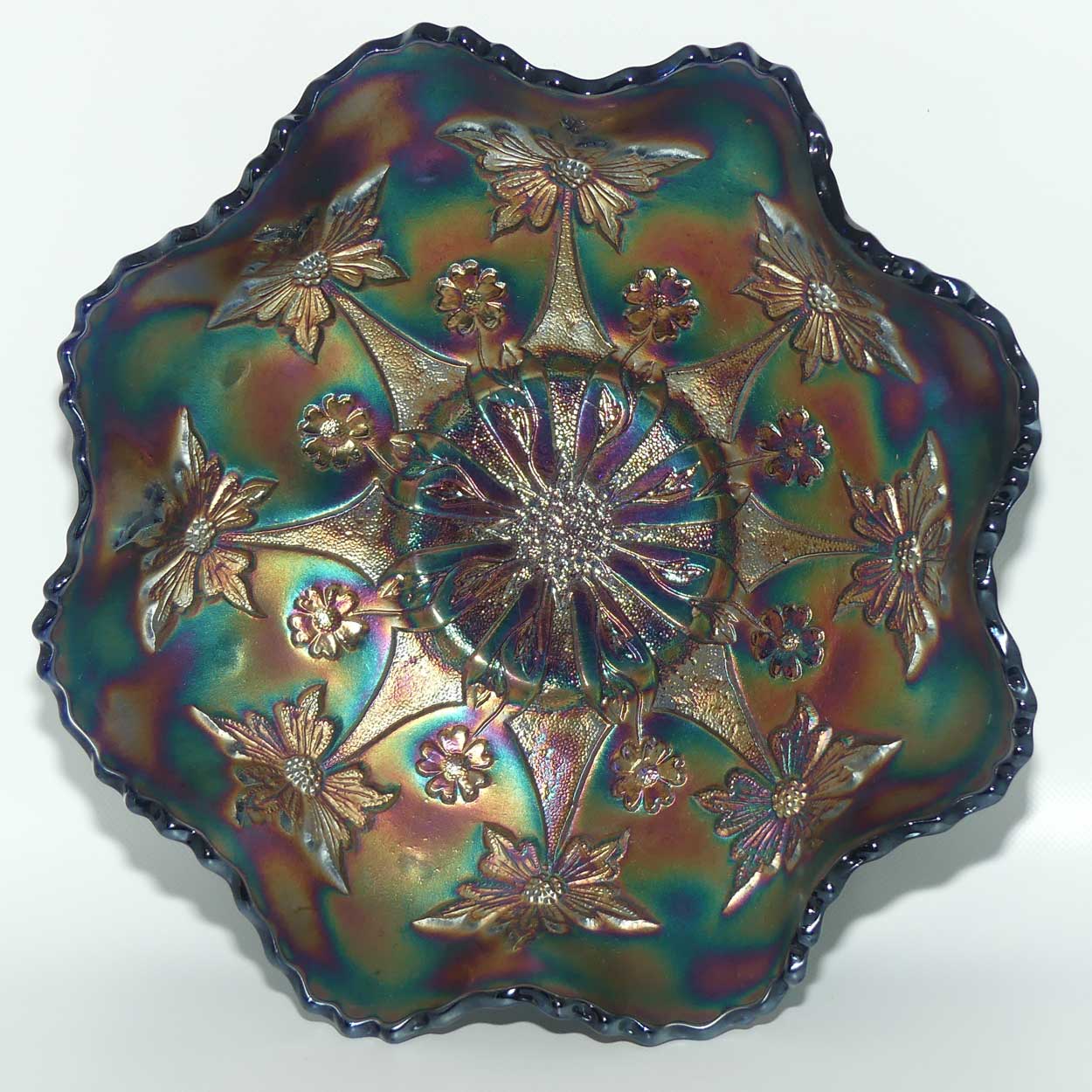 Fenton Blue Green Carnival Little Flowers bowl | 25cm