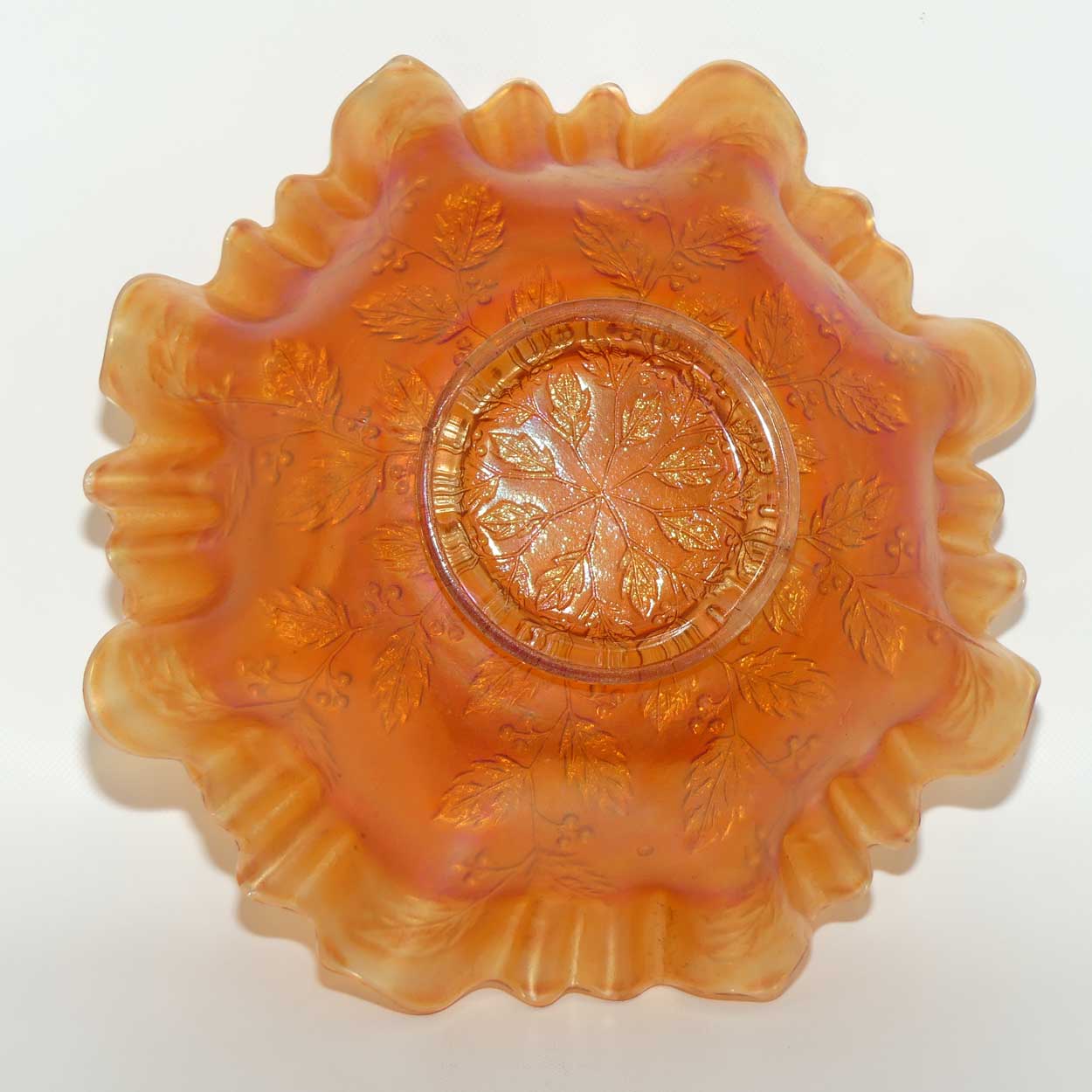 Fenton Marigold Carnival Glass Holly triple crimped edge dish | Darker