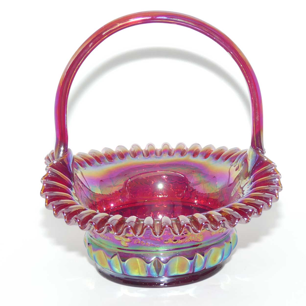 Fenton 1990 vintage Red Carnival Glass large basket | Grape and Vine exterior