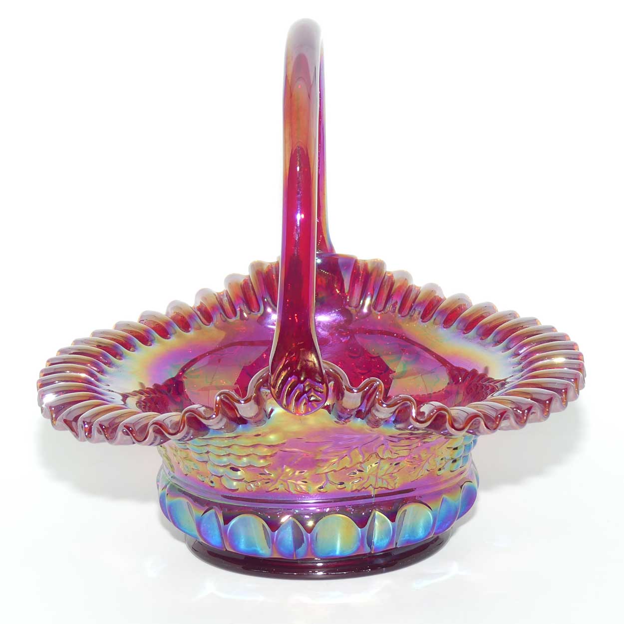 Fenton 1990 vintage Red Carnival Glass large basket | Grape and Vine exterior