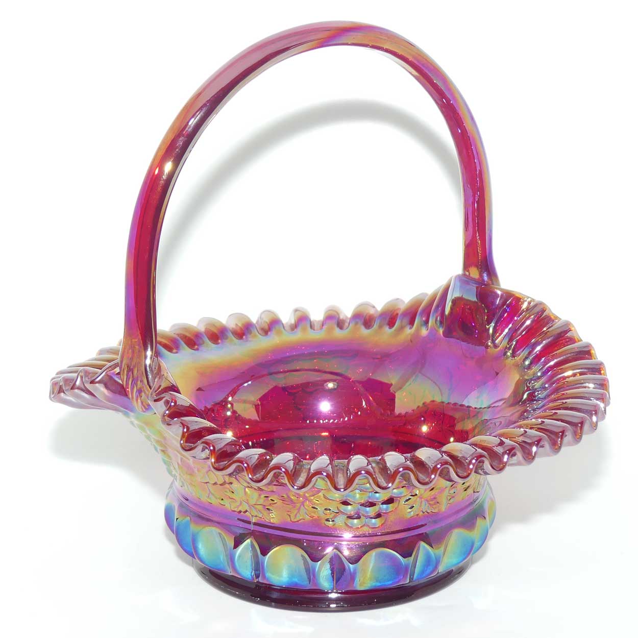 Fenton 1990 vintage Red Carnival Glass large basket | Grape and Vine exterior
