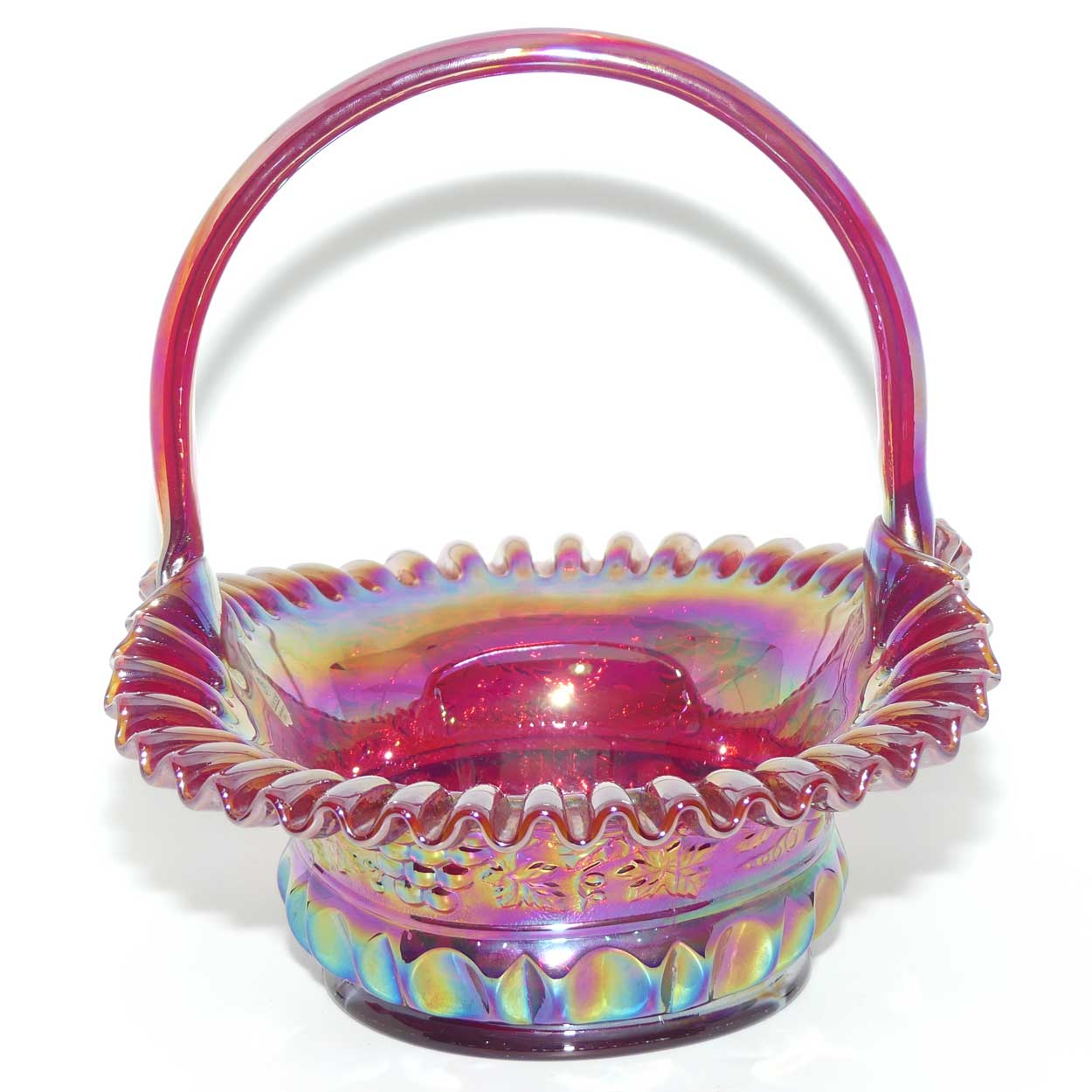 Fenton 1990 vintage Red Carnival Glass large basket | Grape and Vine exterior