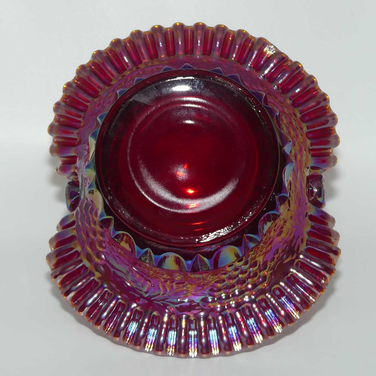 Fenton 1990 vintage Red Carnival Glass large basket | Grape and Vine exterior