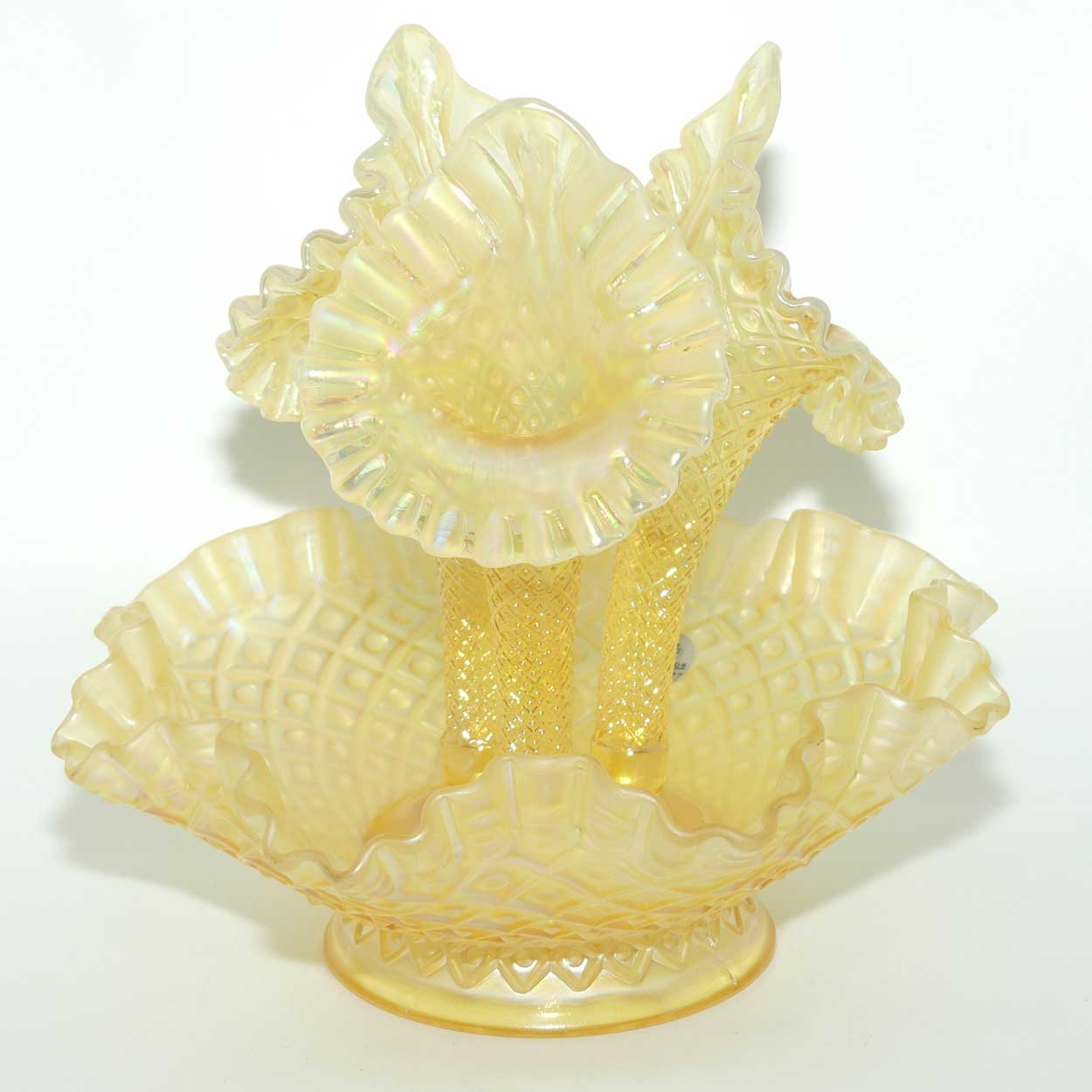 Fenton Yellow Stretch Carnival Glass 3 trumpet epergne | Optic Lace