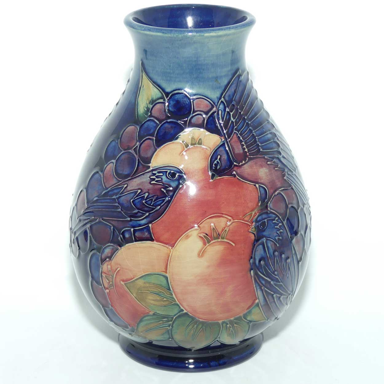 Moorcroft Finches 7/7 vase | Blue | boxed