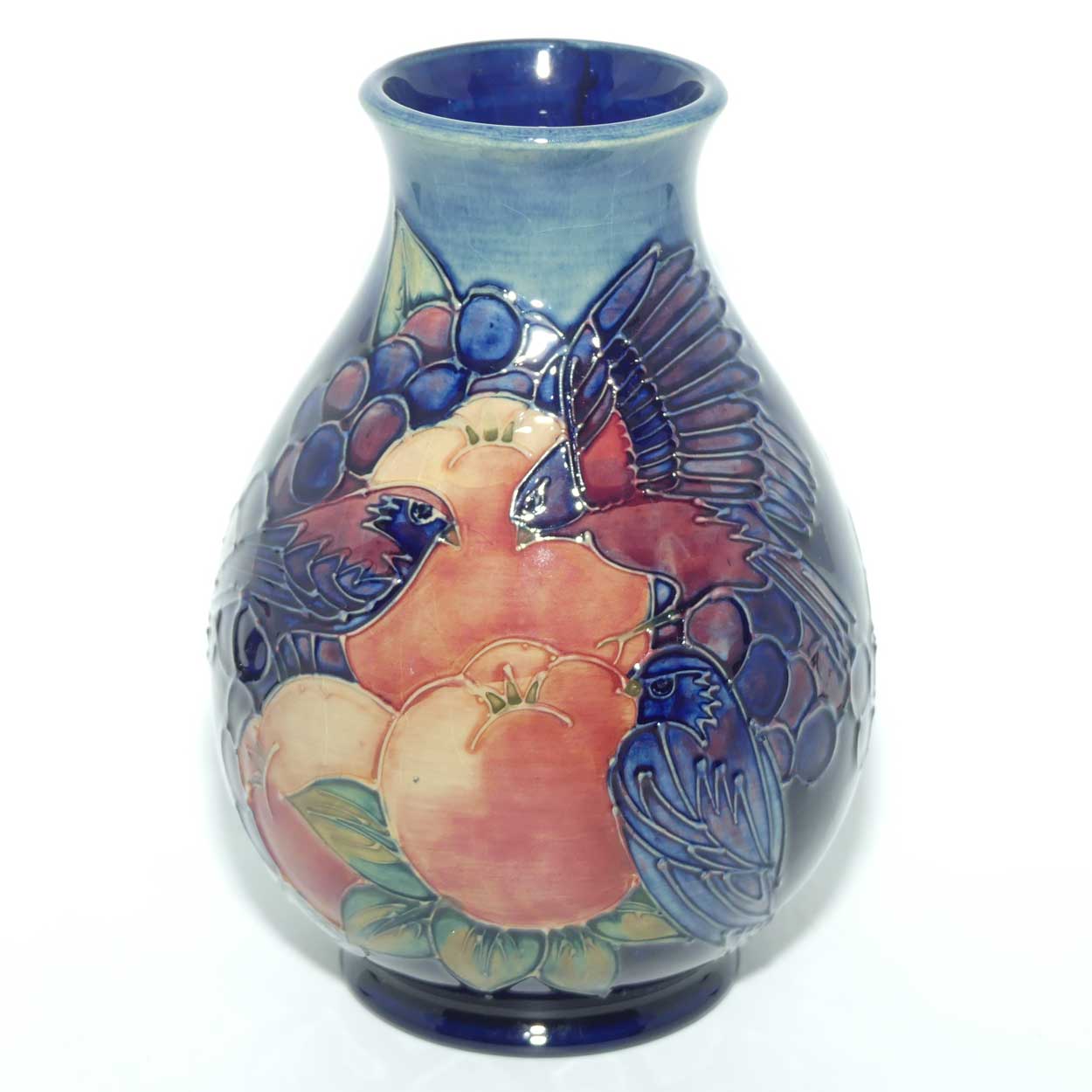 Moorcroft Finches 7/7 vase | Blue | boxed