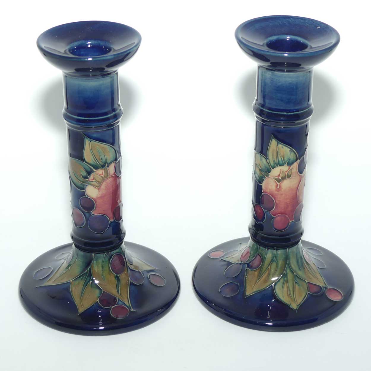 Moorcroft Finches Blue pair of tall candlesticks
