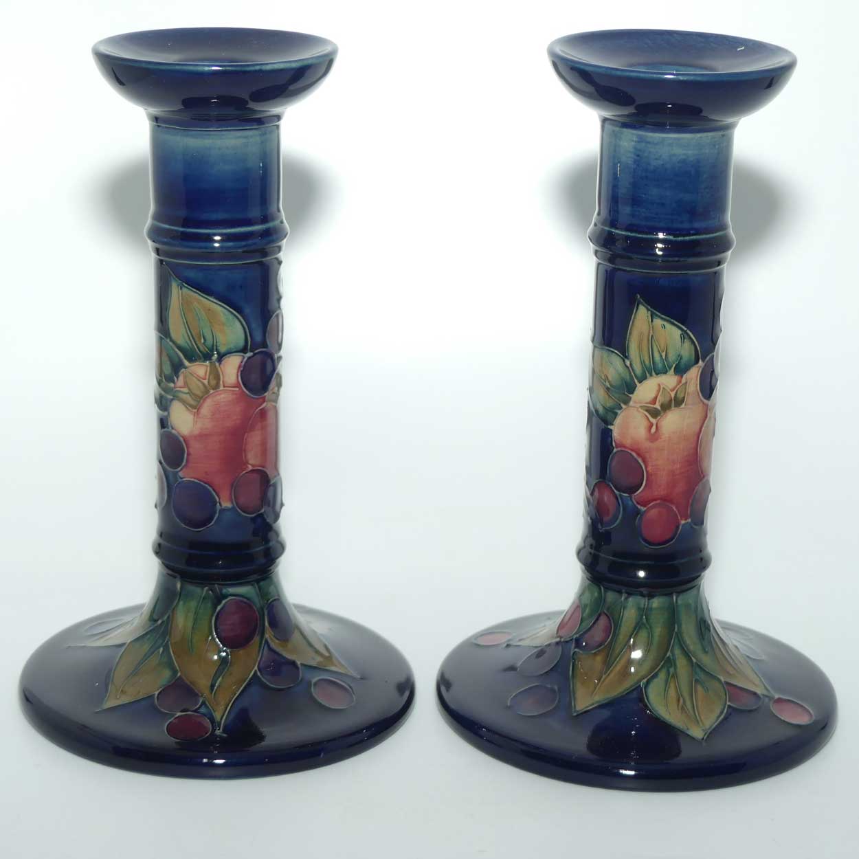 Moorcroft Finches Blue pair of tall candlesticks