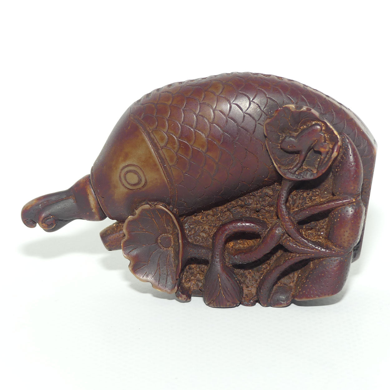 Chinese Snuff Bottle | Carved Brown Stone in the Form of a Carp