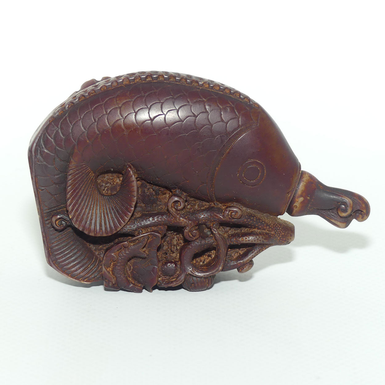 Chinese Snuff Bottle | Carved Brown Stone in the Form of a Carp