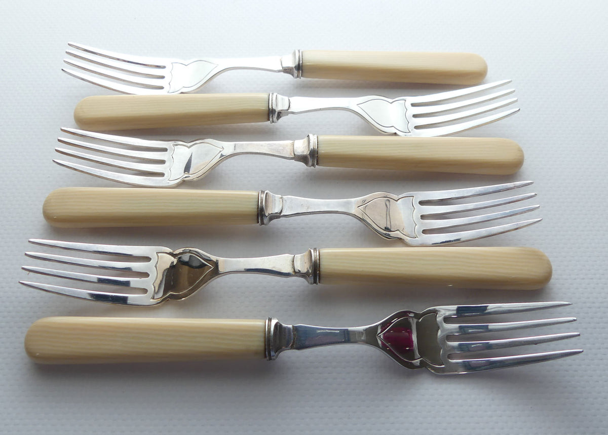 Edwardian era Bone handled and EPNS blades set of 12 fish eaters in Oak canteen