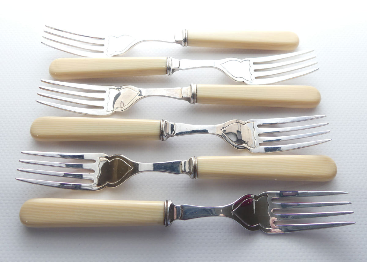 Edwardian era Bone handled and EPNS blades set of 12 fish eaters in Oak canteen