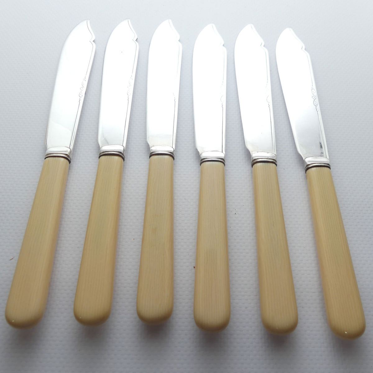 Edwardian era Bone handled and EPNS blades set of 12 fish eaters in Oak canteen