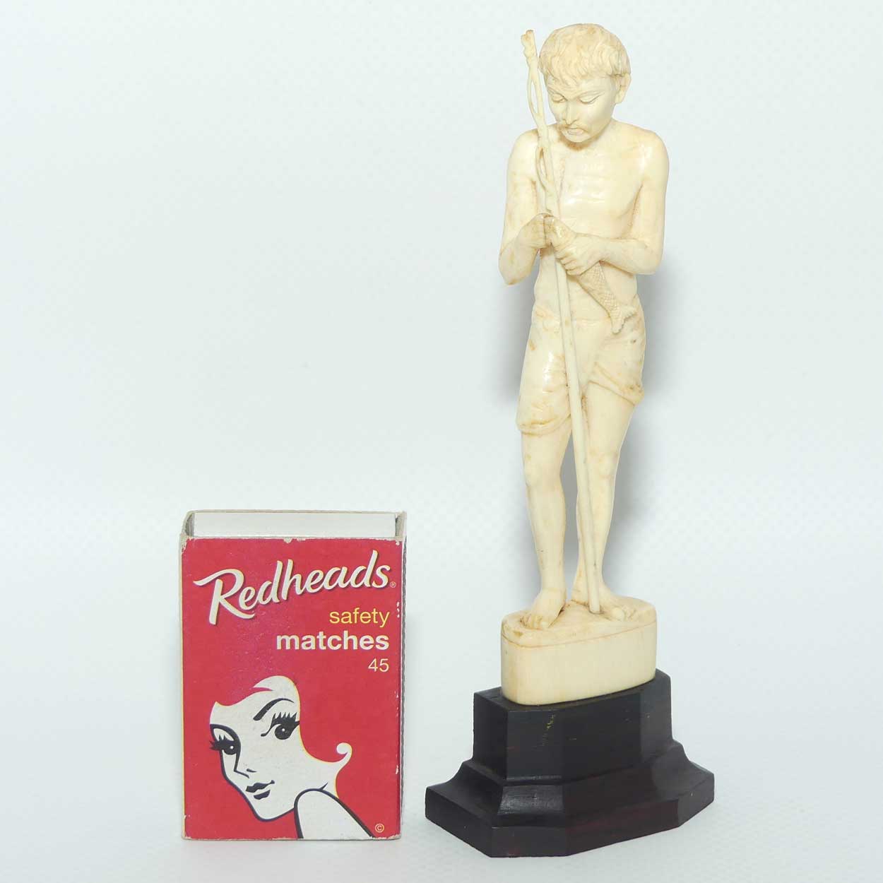 Carved Ivory Figure on Rosewood base | Fisherman with Fishing Rod and Fish | 14cm