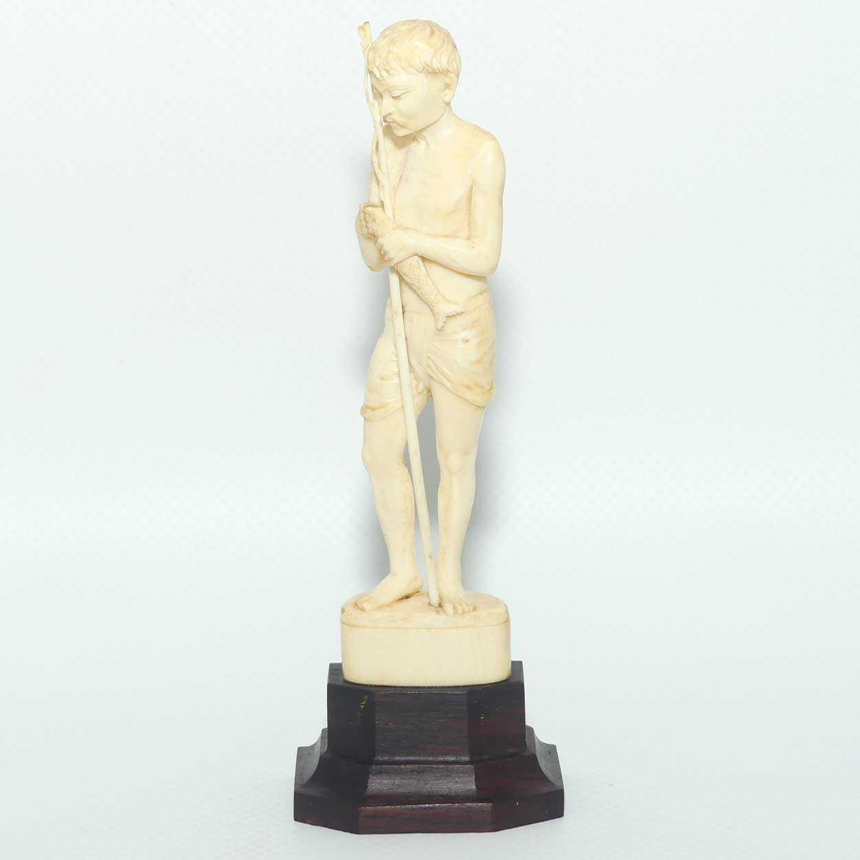 Carved Ivory Figure on Rosewood base | Fisherman with Fishing Rod and Fish | 14cm
