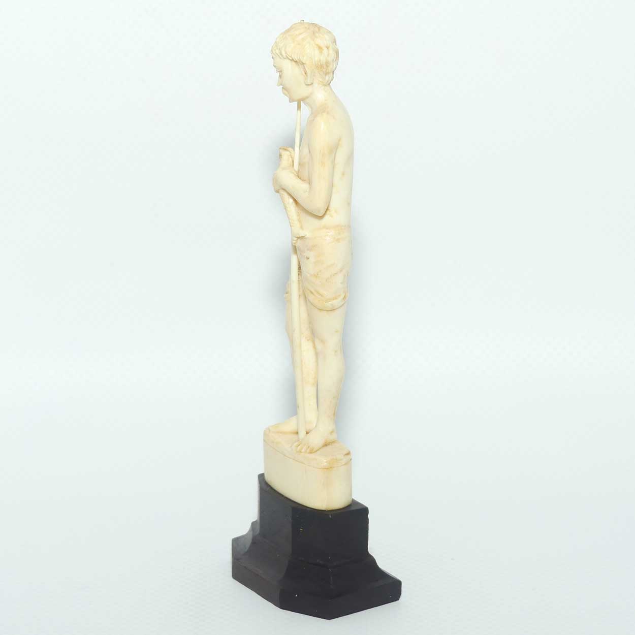 Carved Ivory Figure on Rosewood base | Fisherman with Fishing Rod and Fish | 14cm