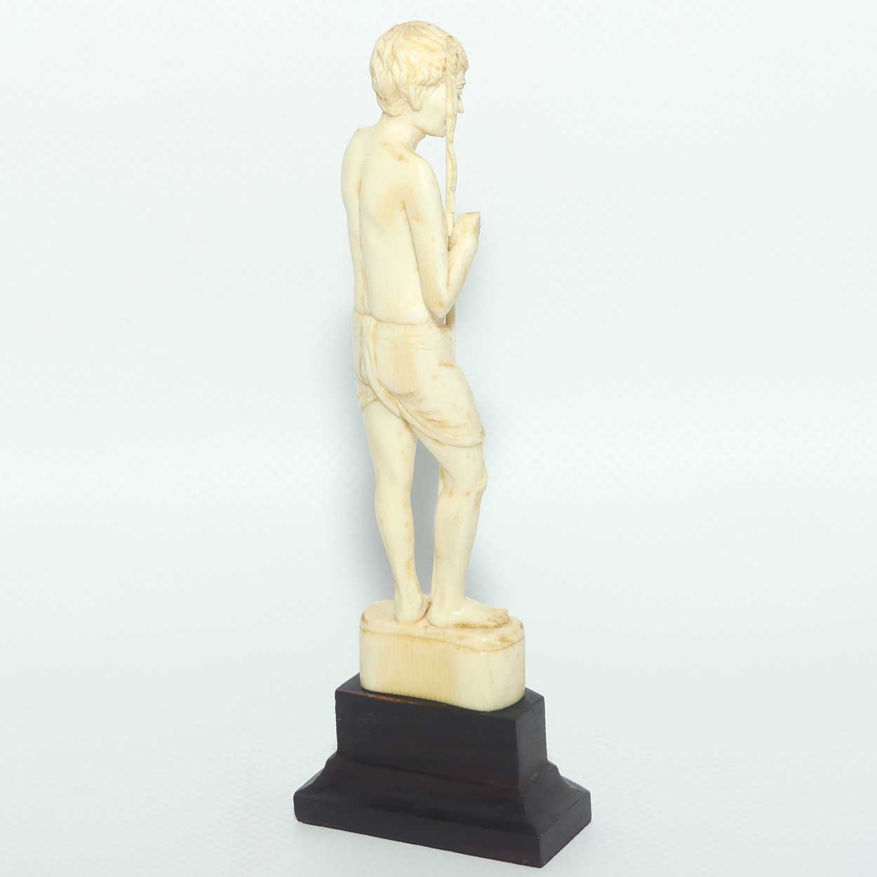 Carved Ivory Figure on Rosewood base | Fisherman with Fishing Rod and Fish | 14cm