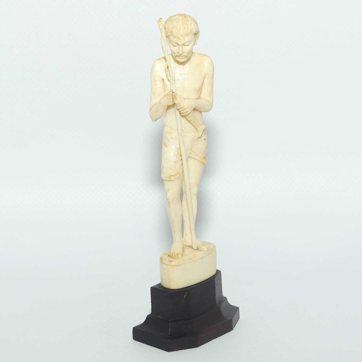 Carved Ivory Figure on Rosewood base | Fisherman with Fishing Rod and Fish | 14cm