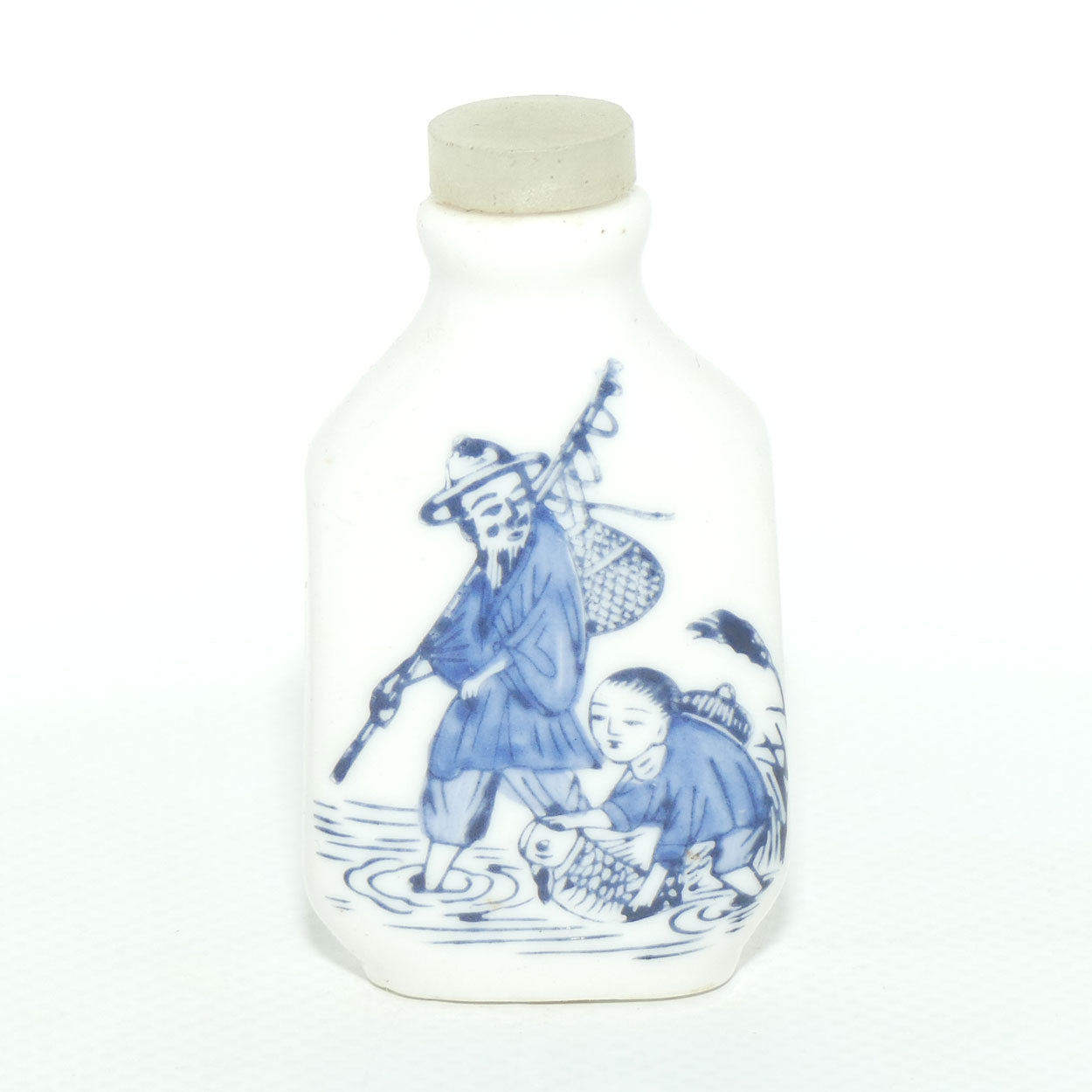 Chinese Blue and White Fishing Man and Boy pattern Snuff Bottle | White stone stopper