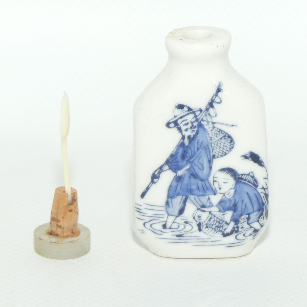 Chinese Blue and White Fishing Man and Boy pattern Snuff Bottle | White stone stopper