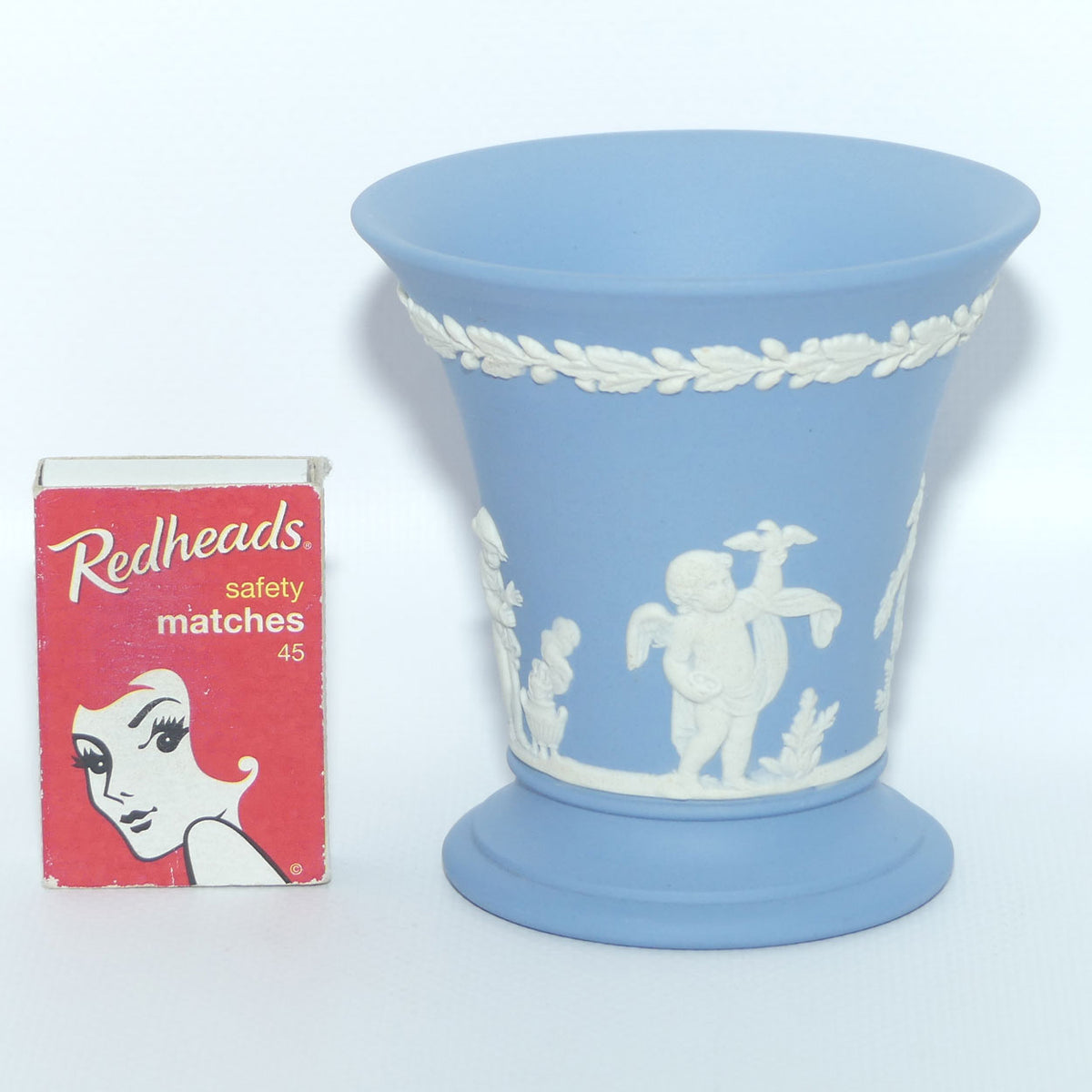 Wedgwood Jasper | White on Pale Blue | Flaired and Footed Cherub vase | #2