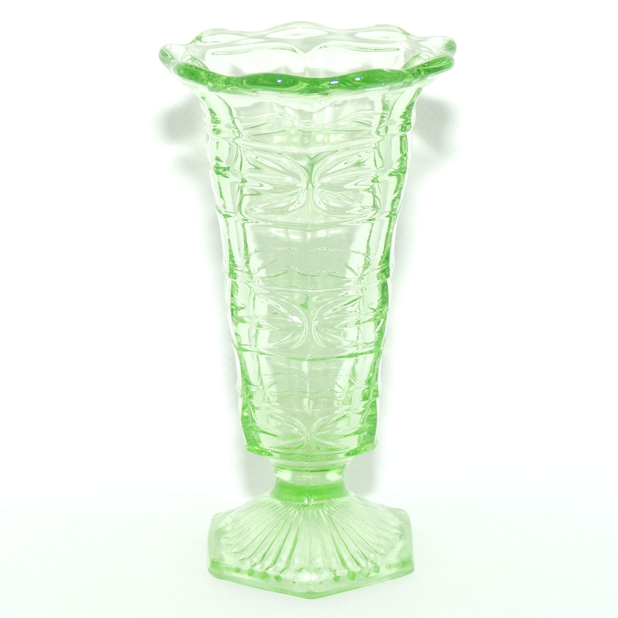 Green Depression Glass Hexagonal base Flaired Rim vase | 15cm tall