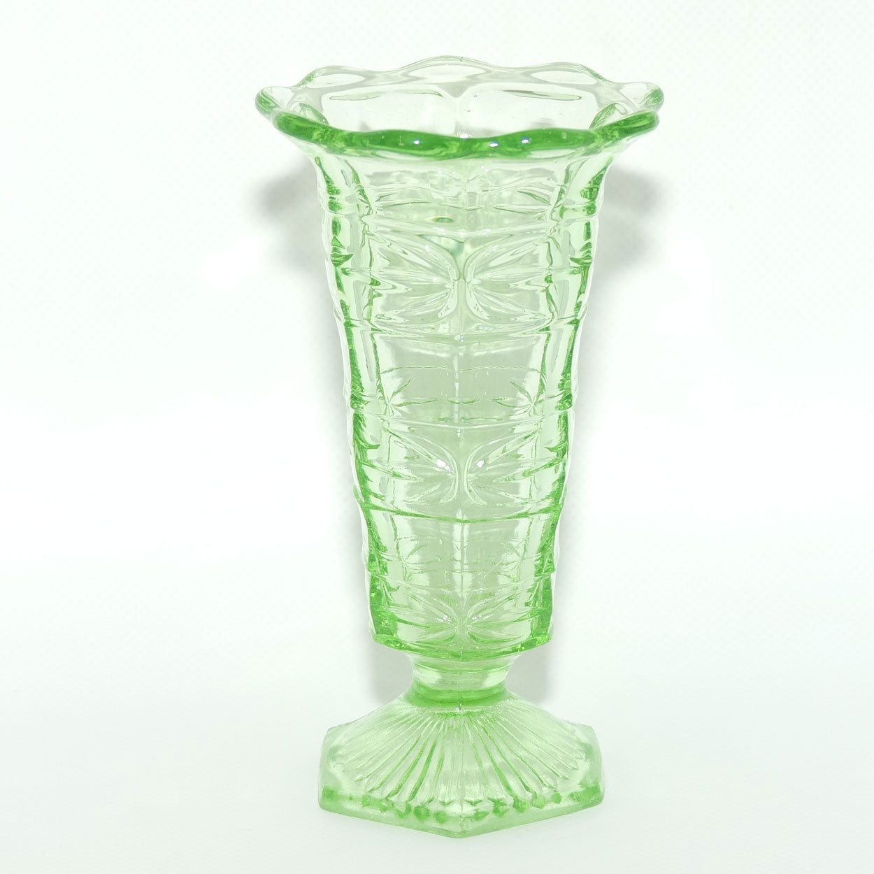 Green Depression Glass Hexagonal base Flaired Rim vase | 15cm tall