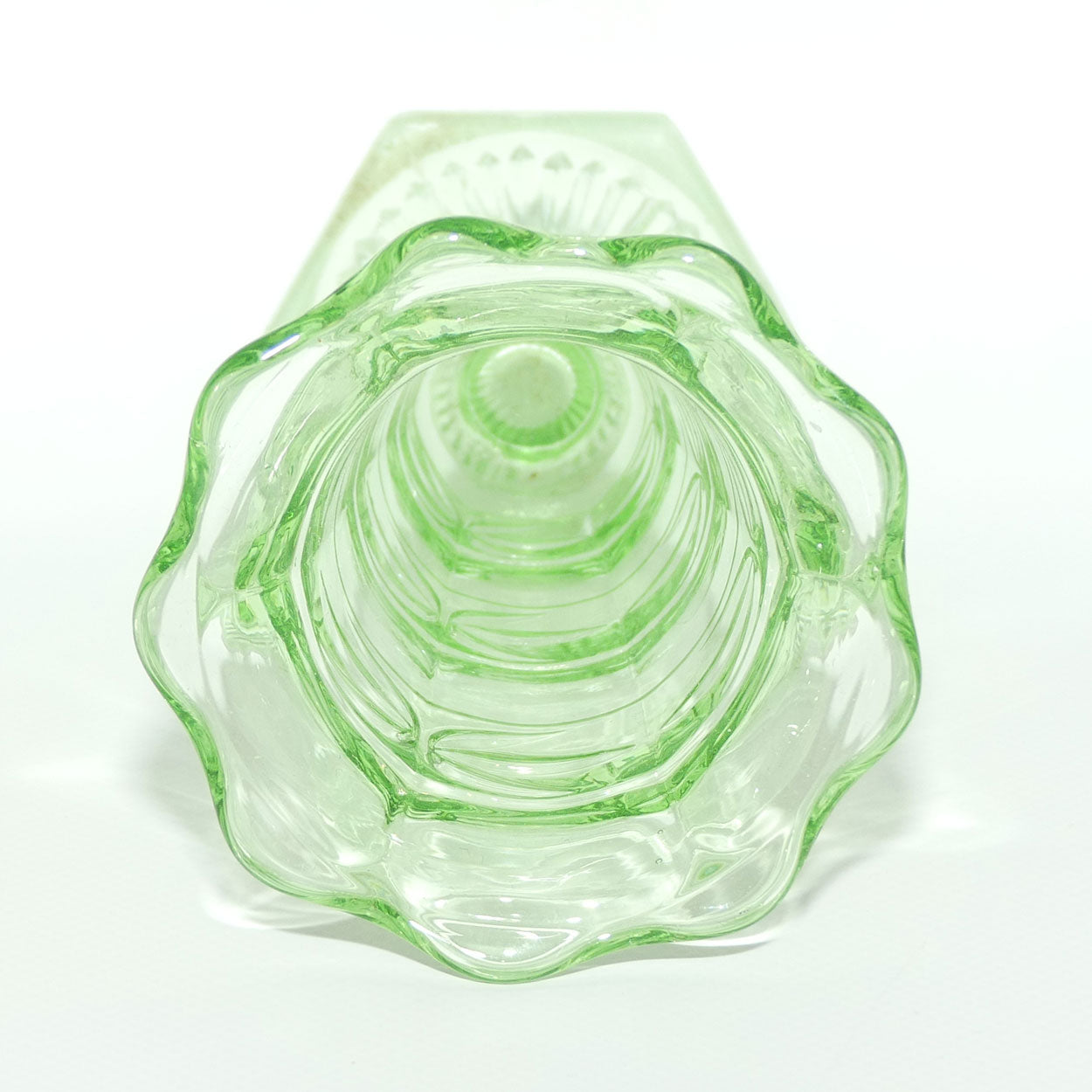 Green Depression Glass Hexagonal base Flaired Rim vase | 15cm tall